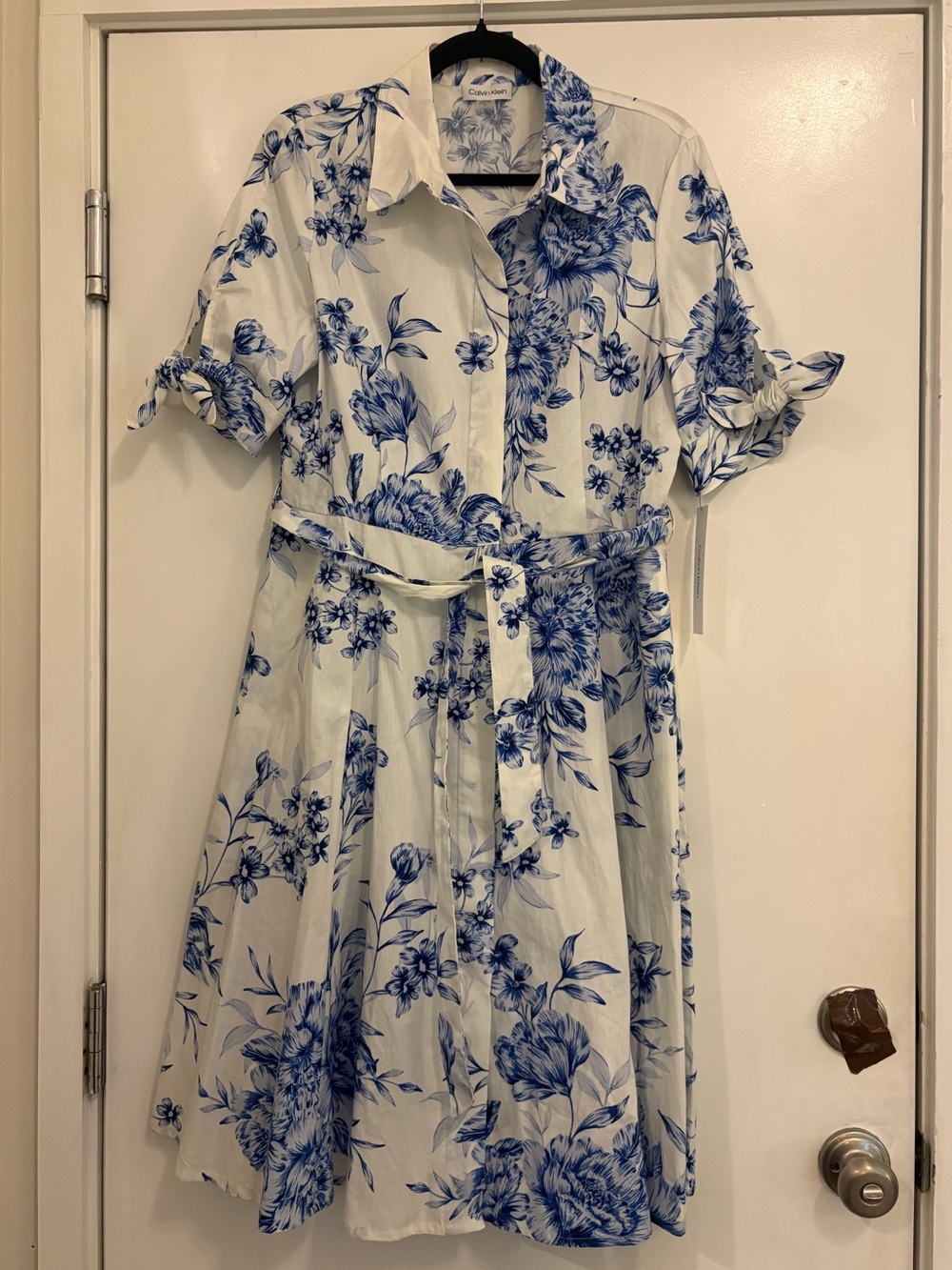 Calvin Klein White Dress with Blue Floral Print NWT